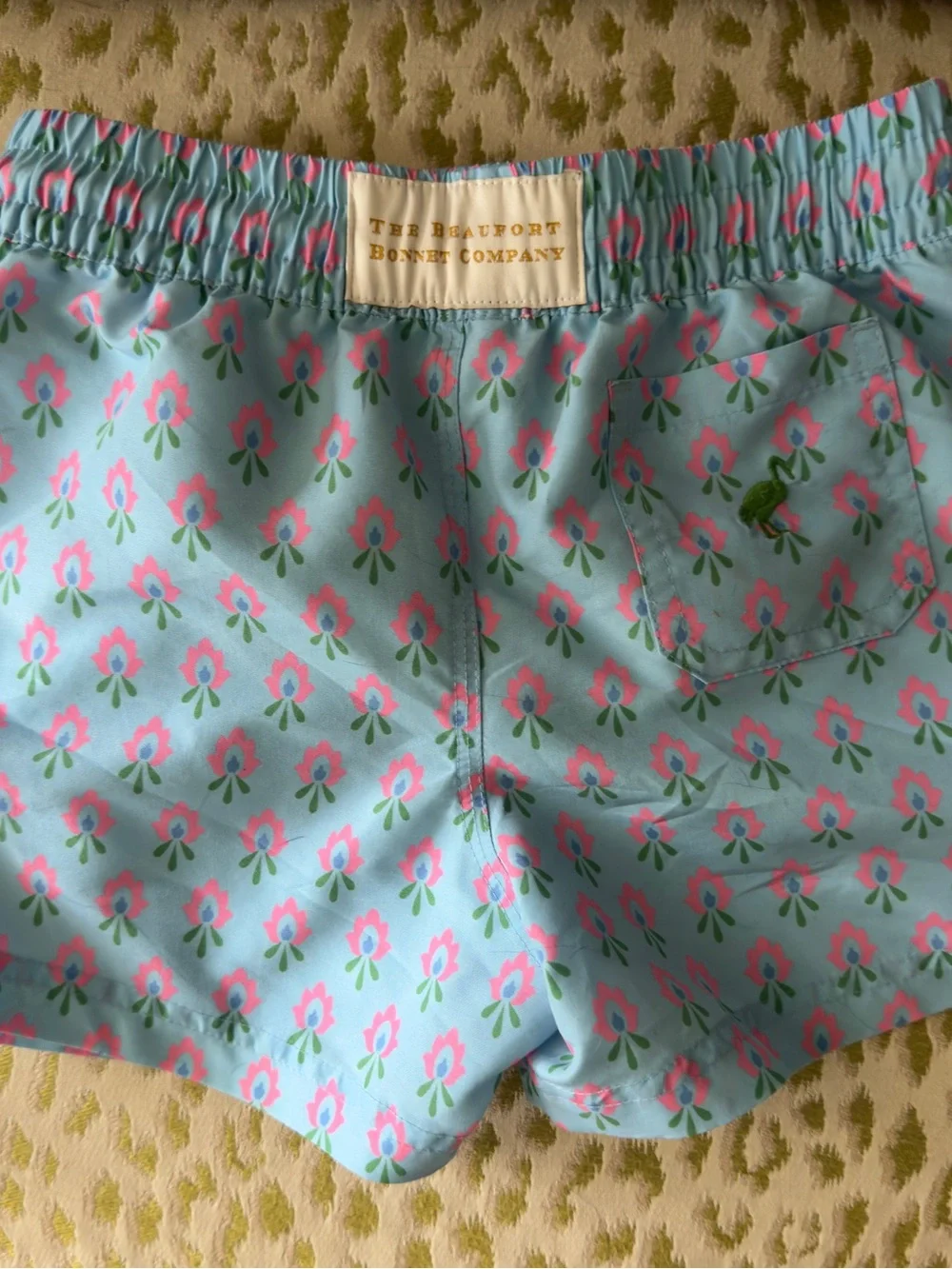 The Beaufort Bonnet Company Aqua Swim Trunks with Pink Floral Print